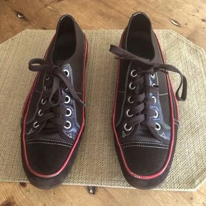 DONALD PLINER Sports casual sneaker with brown canvas/brown leather & red piping